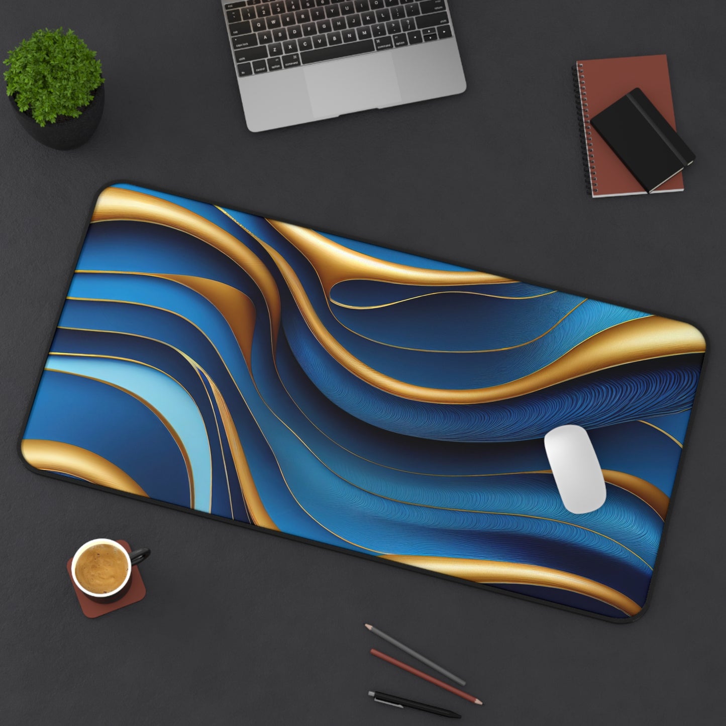 Abstract Gold & Blue Waves Desk Mat – Elegant Desk Mat by KlickieKeyz
