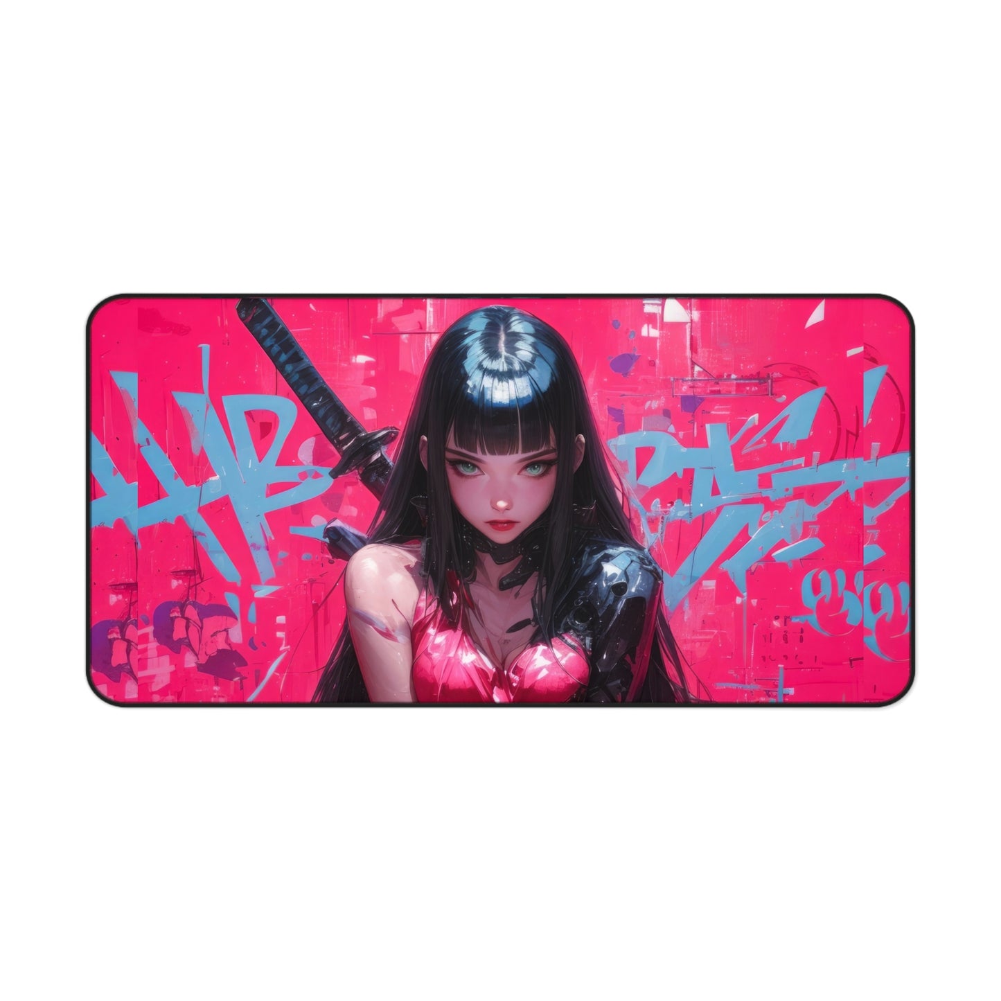 Sexy Anime Girl with Katana Desk Mat – Graffiti Art Gaming Mouse Pad by KlickieKeyz