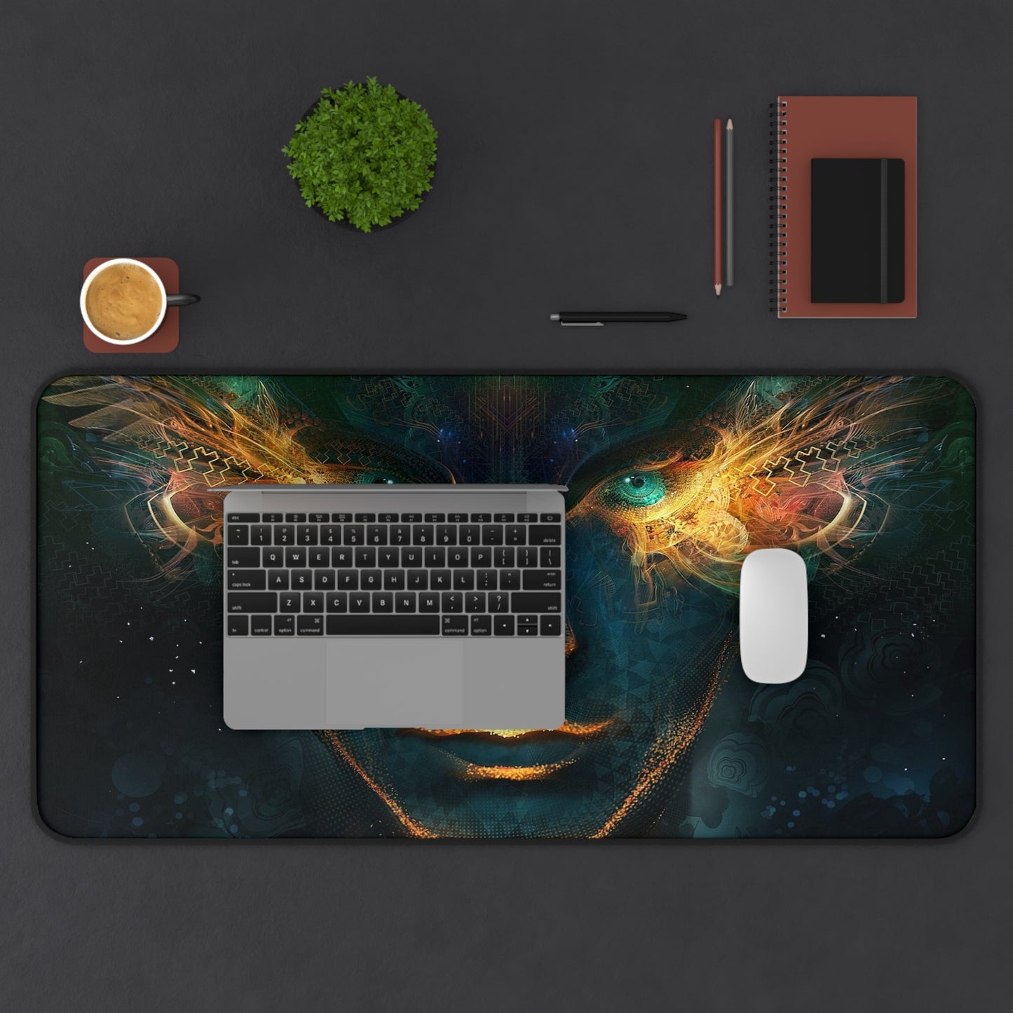 Abstract Green & Orange Bird Eyes Desk Mat – Surreal Bird-Inspired Desk Mat by KlickieKeyz