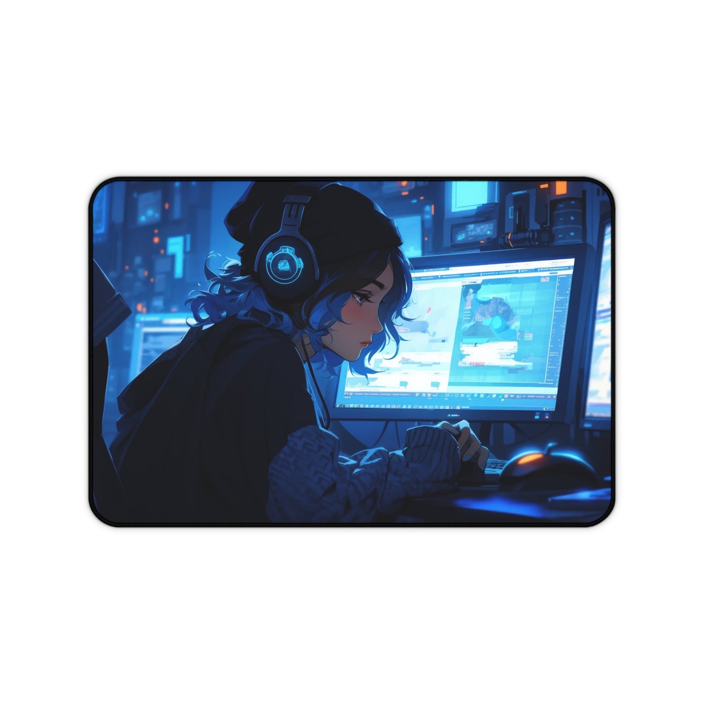 Beautiful Anime Gamer Girl Listening to Music Desk Mat – Stylish & Vibrant XL Gaming Mouse Pad by KlickieKeyz