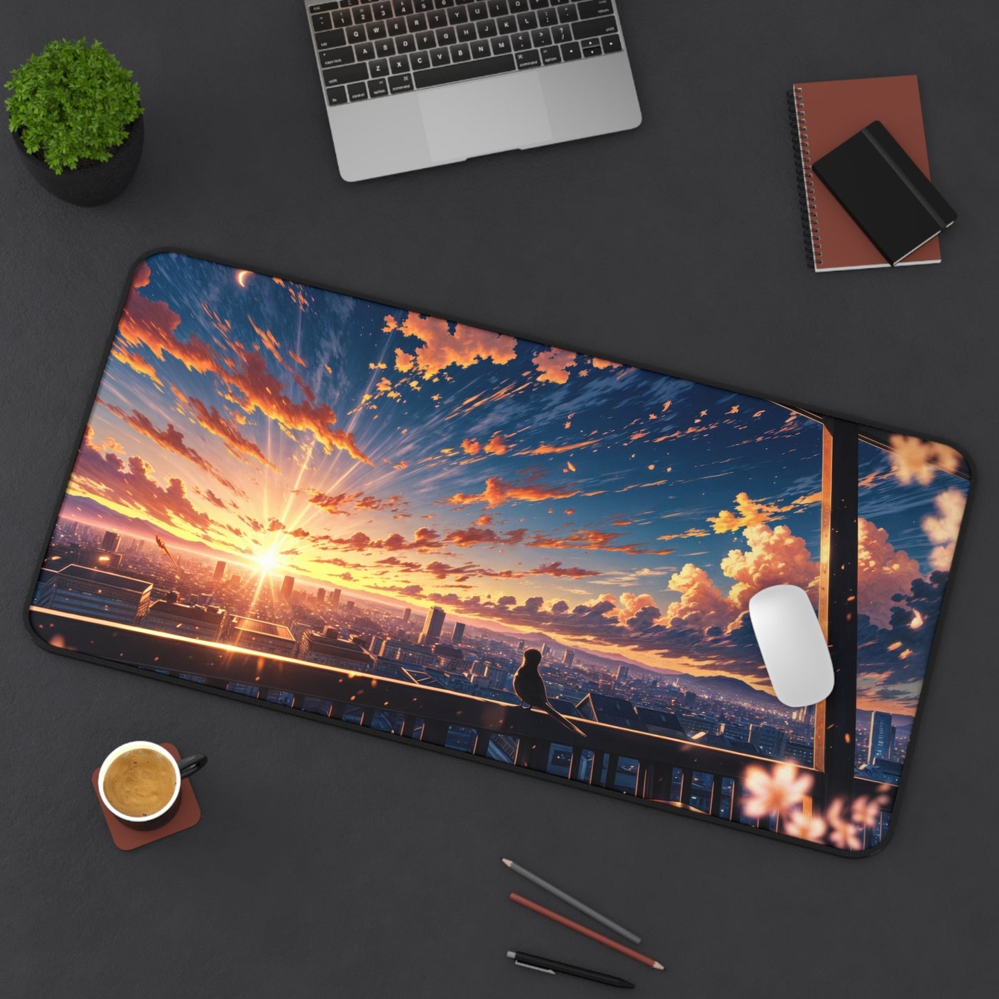 Anime Cityscape Beautiful Clouds Desk Mat – Sunrise & Sunset Cloud Art by KlickieKeyz