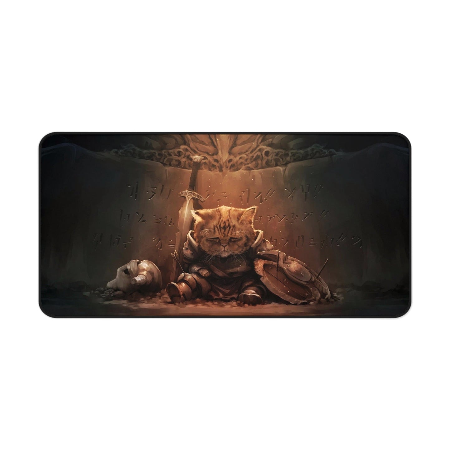 Tired Cat Warrior Desk Mat – Skyrim-Inspired Adventurer Desk Mat by KlickieKeyz