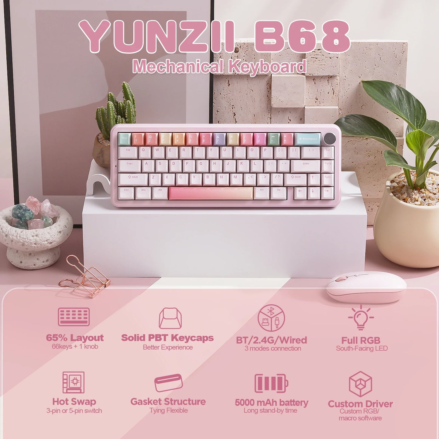 YUNZII B68 Wireless Mechanical Gaming Keyboard – 65% Tri-Mode Gasket-Mounted Keyboard hosted by KlickieKeyz