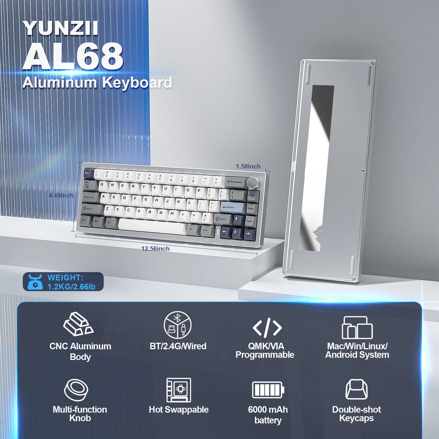 YUNZII AL68 Silver Wireless Custom Mechanical Keyboard – 65% Aluminum Gasket-Mounted Keyboard with Knob hosted by KlickieKeyz