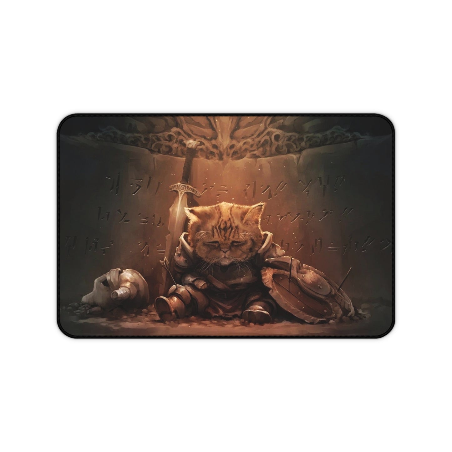 Tired Cat Warrior Desk Mat – Skyrim-Inspired Adventurer Desk Mat by KlickieKeyz