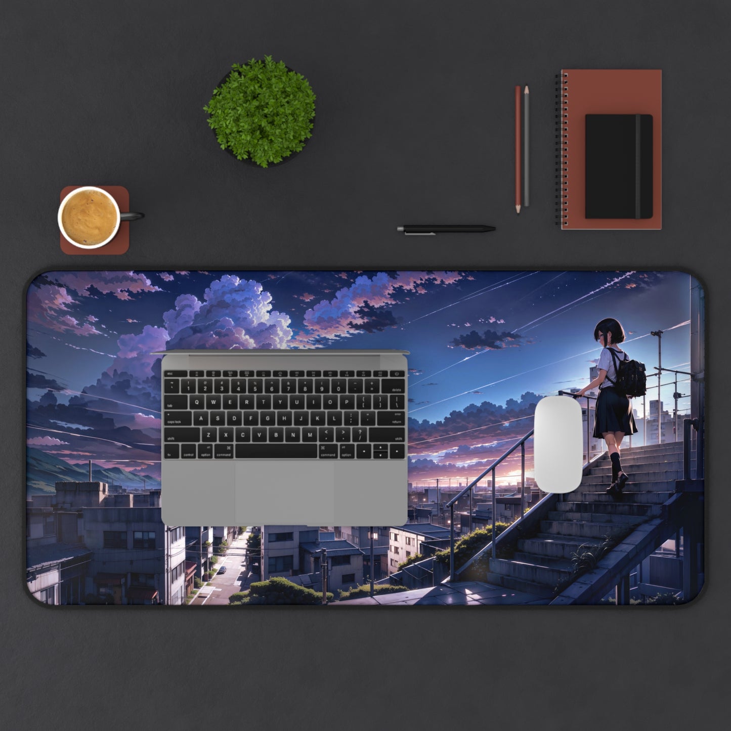 Japanese Anime School Girl with Cityscape Desk Mat – Stunning Beautiful Clouds XL Gaming Mouse Pad by KlickieKeyz