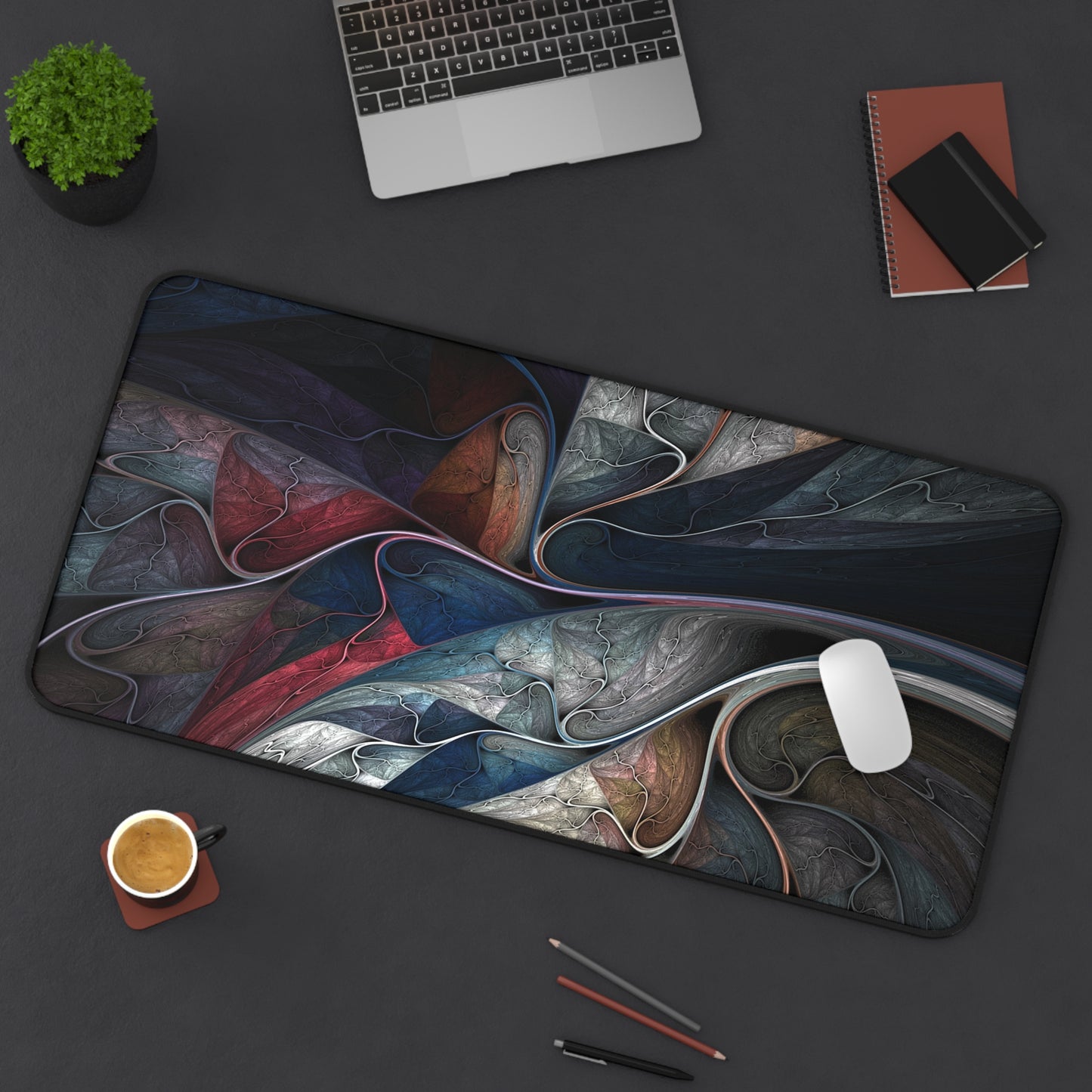Abstract Red, Blue, White & Green Swirl Desk Mat – Vivid Paint Flow Desk Mat by KlickieKeyz