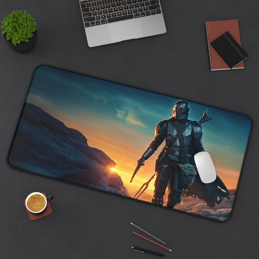 The Mandalorian Mando & Baby Yoda Sunset Desk Mat – Star Wars Fan Art Desk Mat by KlickieKeyz