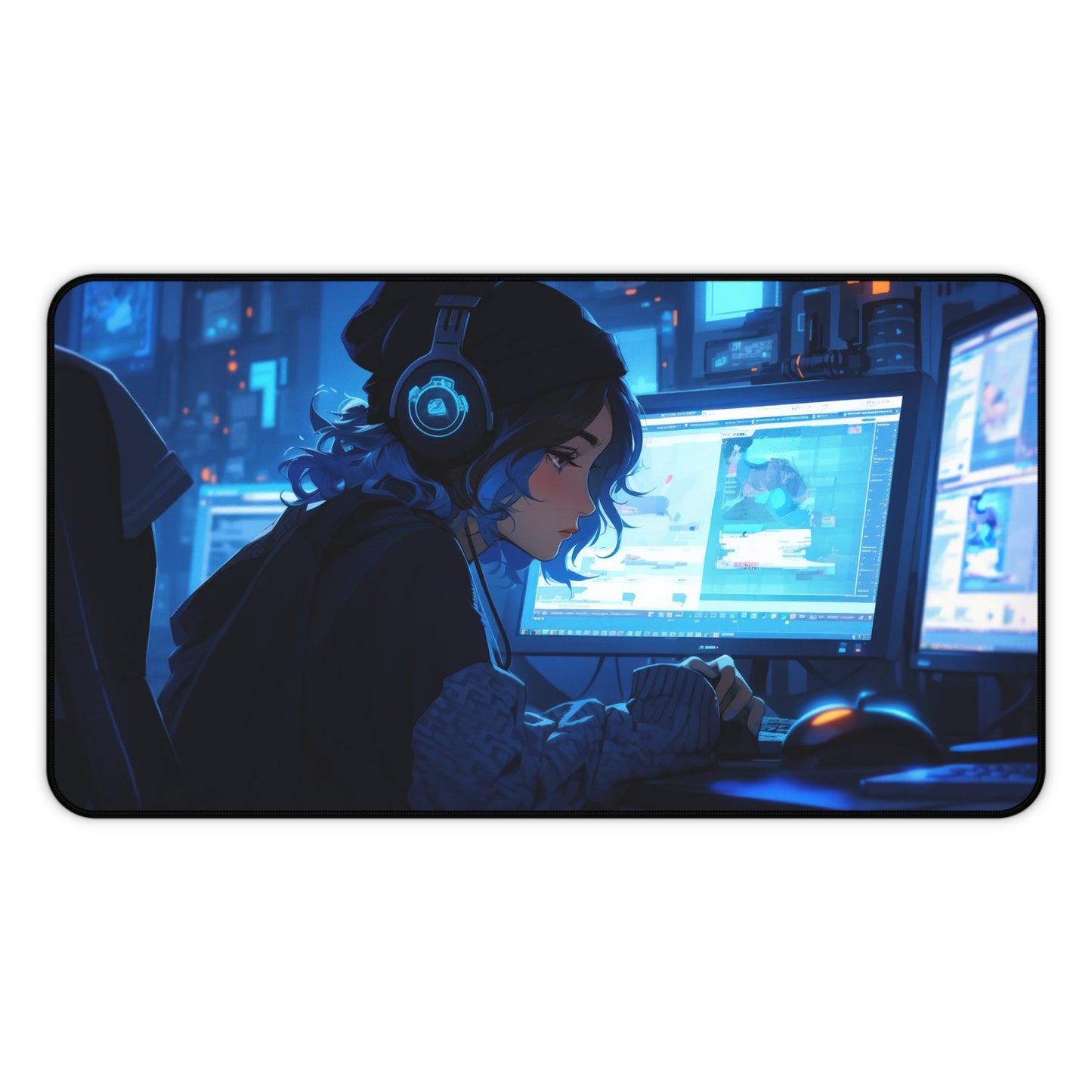 Beautiful Anime Gamer Girl Listening to Music Desk Mat – Stylish & Vibrant XL Gaming Mouse Pad by KlickieKeyz
