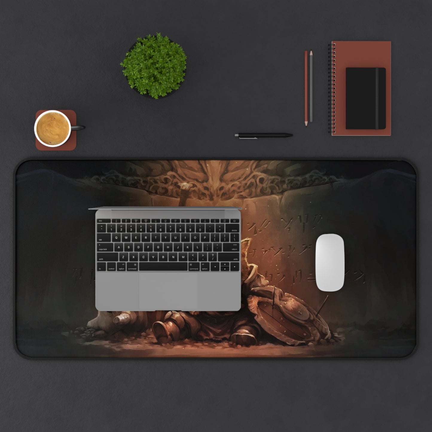 Tired Cat Warrior Desk Mat – Skyrim-Inspired Adventurer Desk Mat by KlickieKeyz