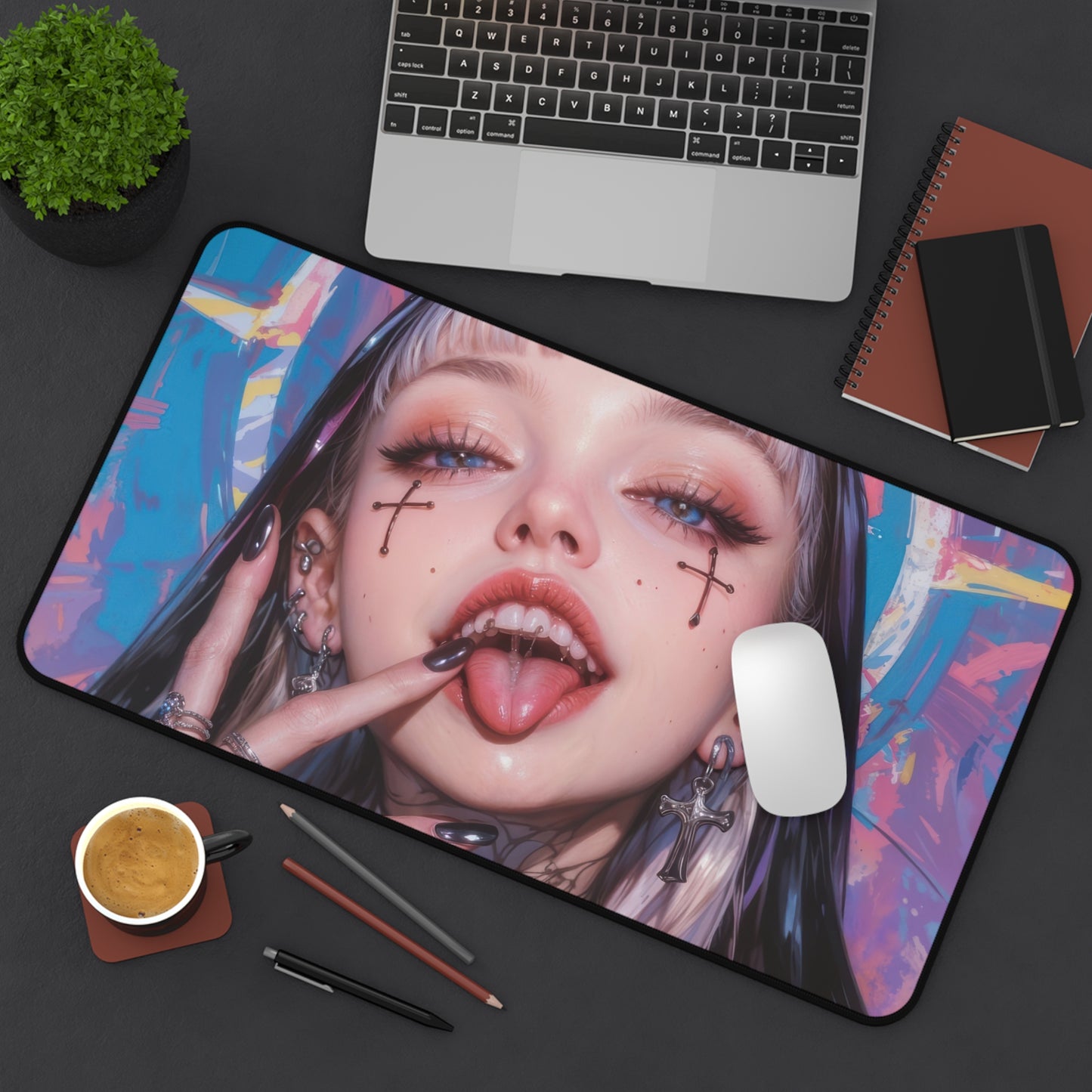 Beautiful Tattooed Anime Girl with Blue & Pink Background XL Gaming Mouse Pad – Artistic Desk Mat by KlickieKeyz