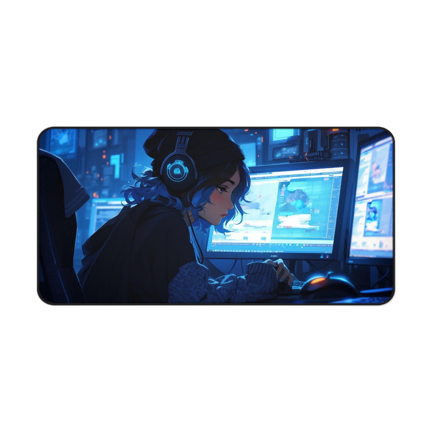 Beautiful Anime Gamer Girl Listening to Music Desk Mat – Stylish & Vibrant XL Gaming Mouse Pad by KlickieKeyz