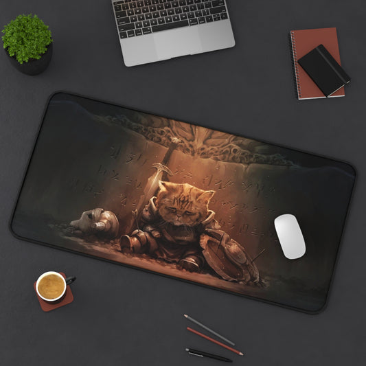 Tired Cat Warrior Desk Mat – Skyrim-Inspired Adventurer Desk Mat by KlickieKeyz
