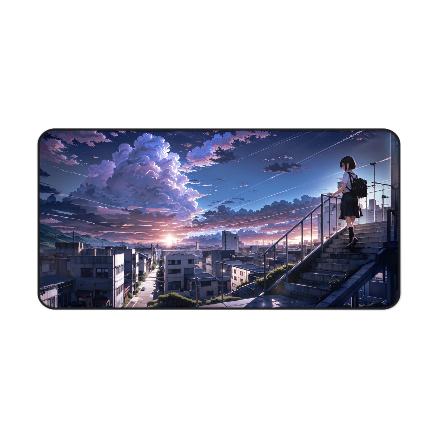 Japanese Anime School Girl with Cityscape Desk Mat – Stunning Beautiful Clouds XL Gaming Mouse Pad by KlickieKeyz