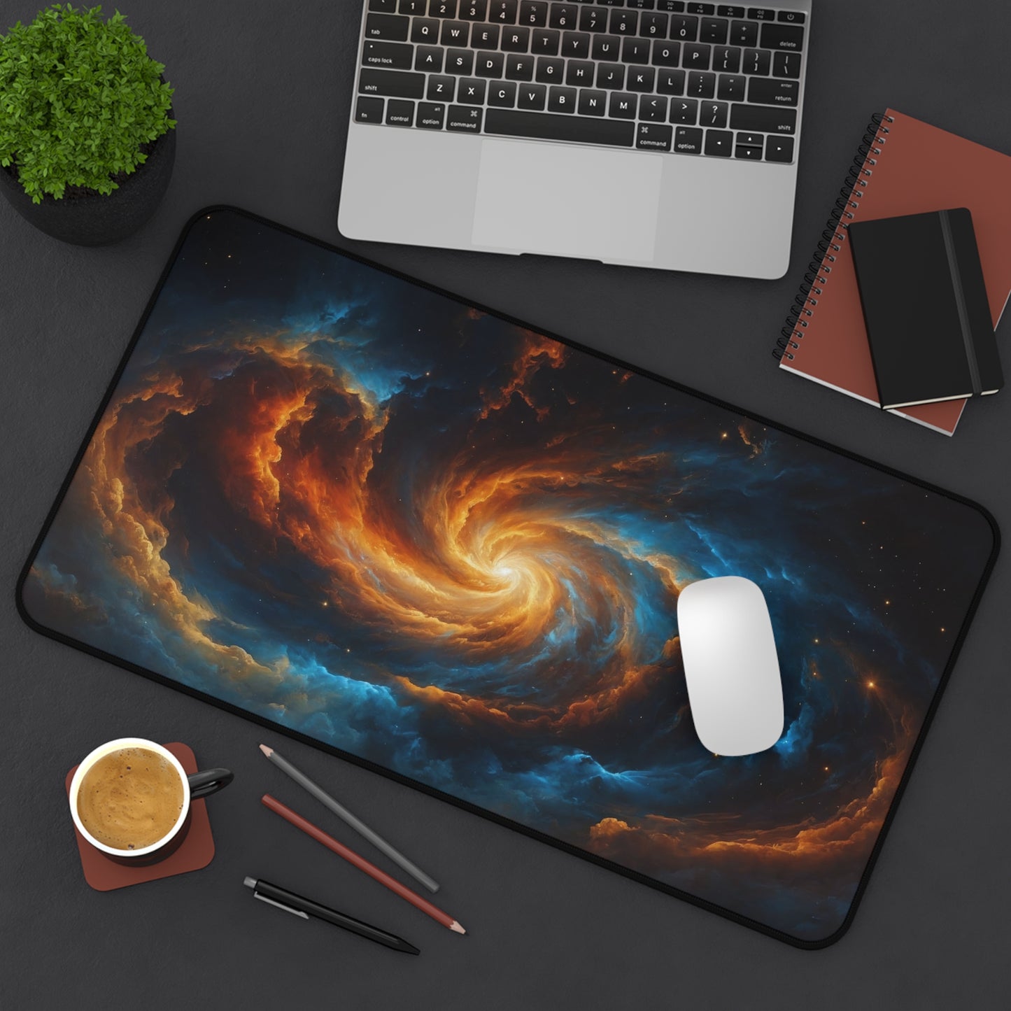Abstract Blue & Orange Space Clouds Desk Mat – Dreamy Desk Mat by KlickieKeyz