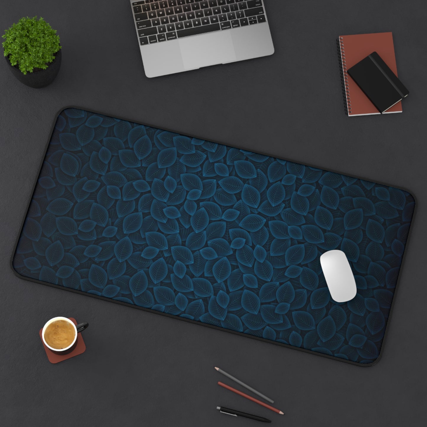 Blue & Black Plant Leaves Desk Mat – Botanical Nature Desk Mat by KlickieKeyz