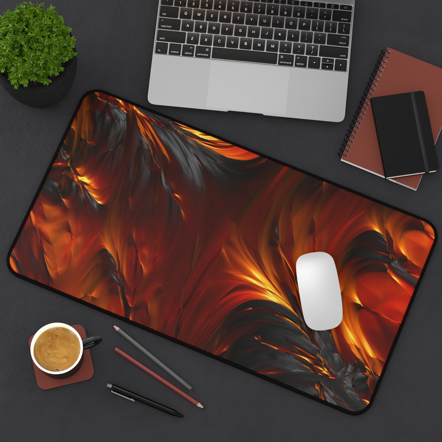 Abstract Orange & Black Lava Flow Desk Mat – Fiery Molten Elegance Desk Mat by KlickieKeyz