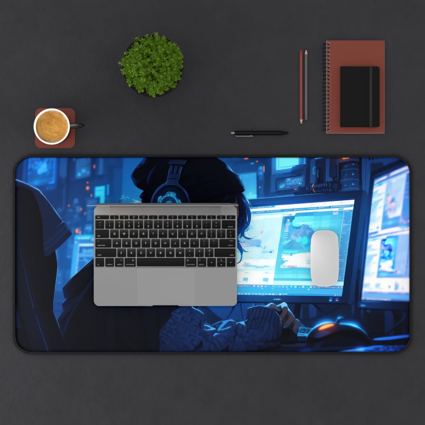 Beautiful Anime Gamer Girl Listening to Music Desk Mat – Stylish & Vibrant XL Gaming Mouse Pad by KlickieKeyz