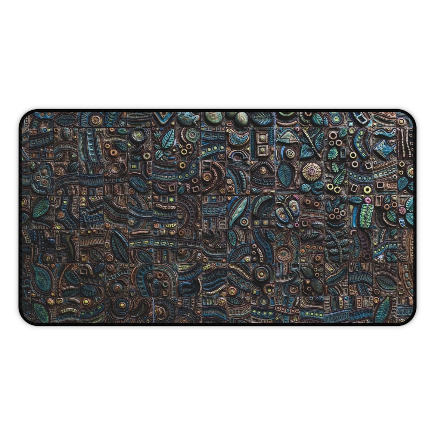 Abstract Green & Gold Aztec Carvings Desk Mat – Ancient Art-Inspired Desk Mat by KlickieKeyz