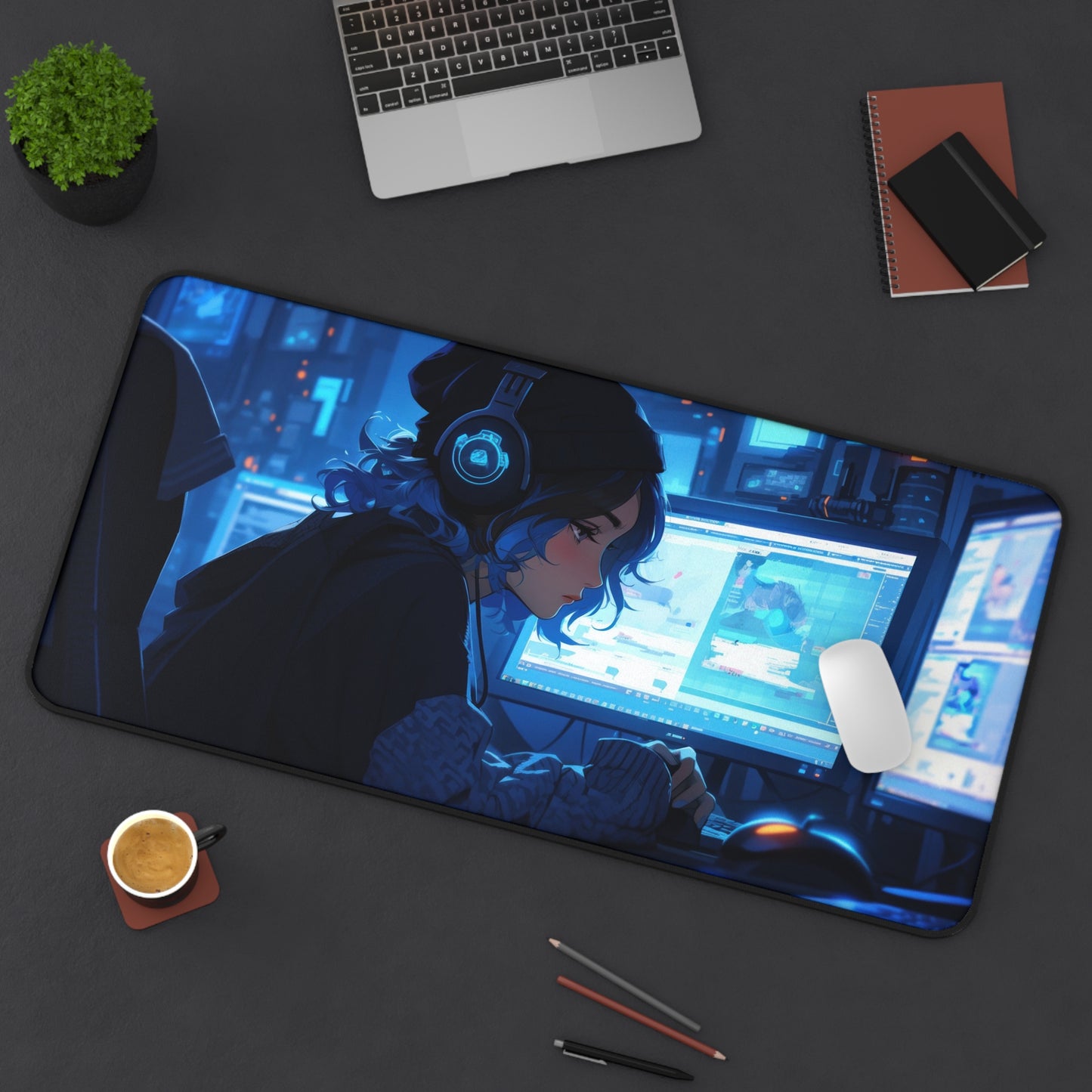 Beautiful Anime Gamer Girl Listening to Music Desk Mat – Stylish & Vibrant XL Gaming Mouse Pad by KlickieKeyz