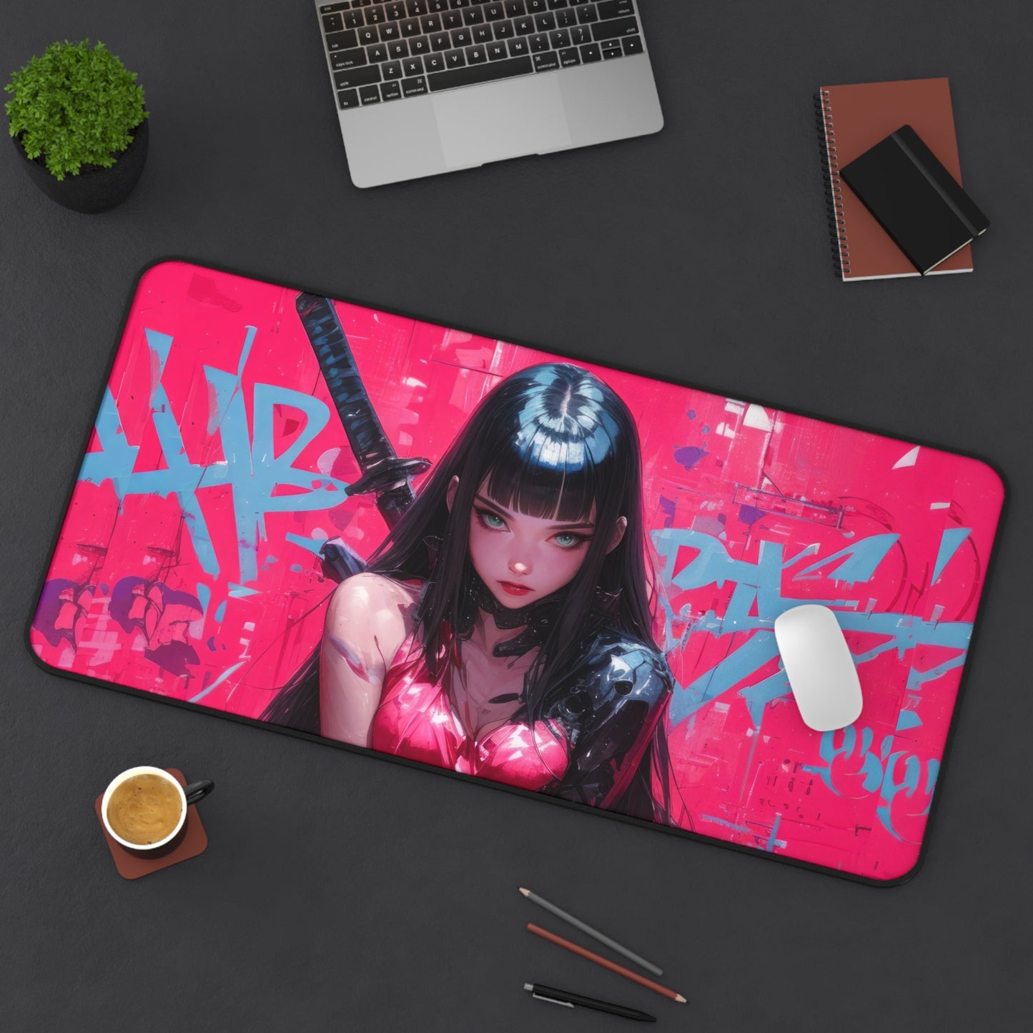 Sexy Anime Girl with Katana Desk Mat – Graffiti Art Gaming Mouse Pad by KlickieKeyz