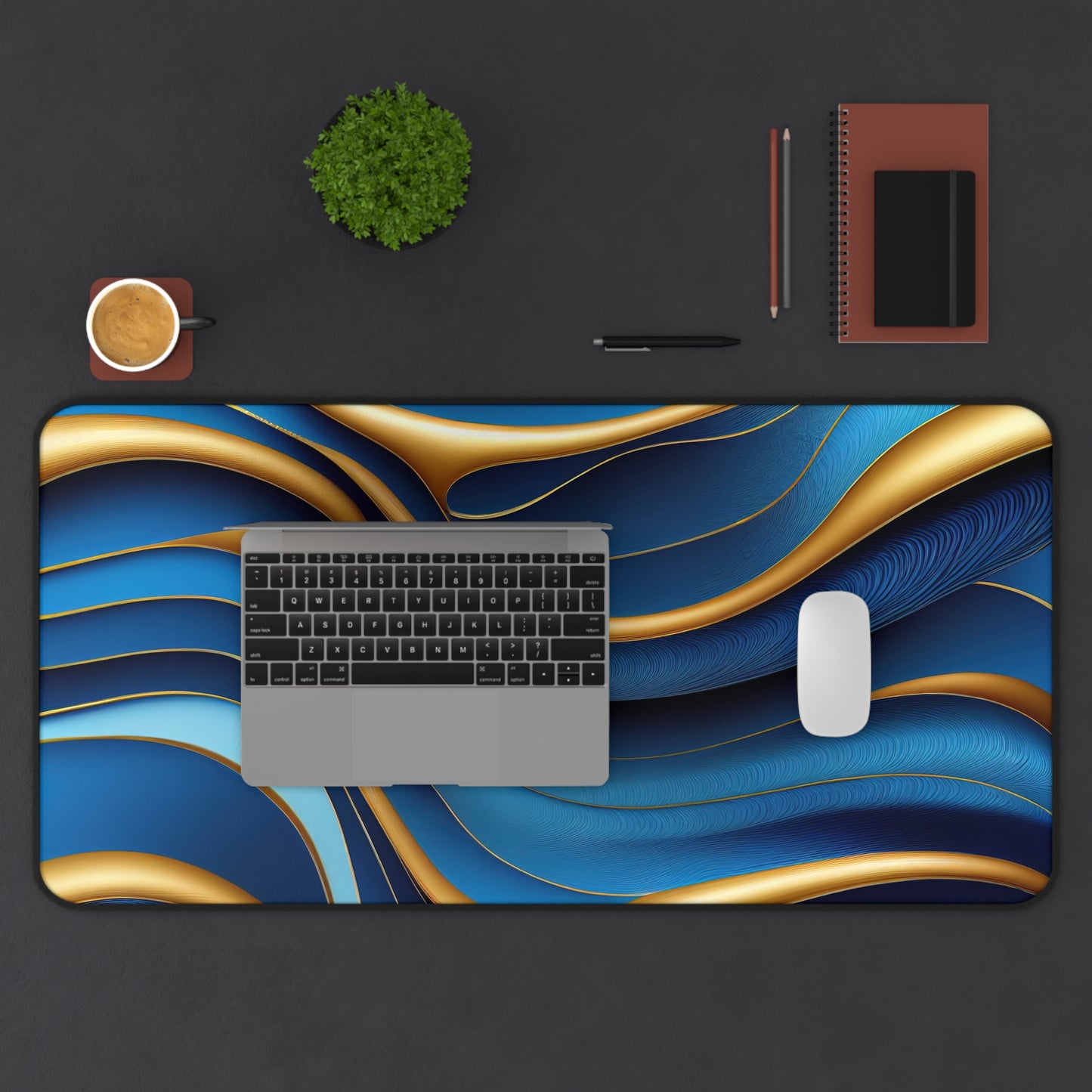 Abstract Gold & Blue Waves Desk Mat – Elegant Desk Mat by KlickieKeyz