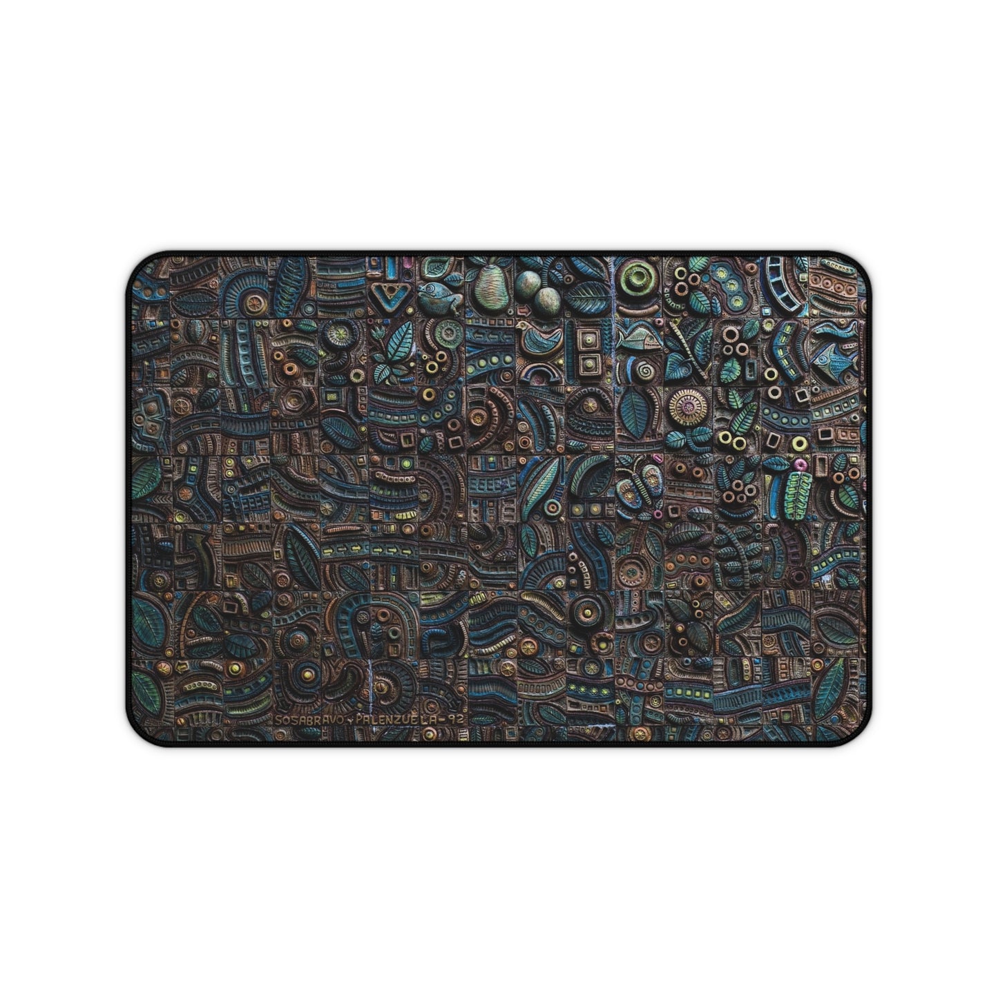 Abstract Green & Gold Aztec Carvings Desk Mat – Ancient Art-Inspired Desk Mat by KlickieKeyz