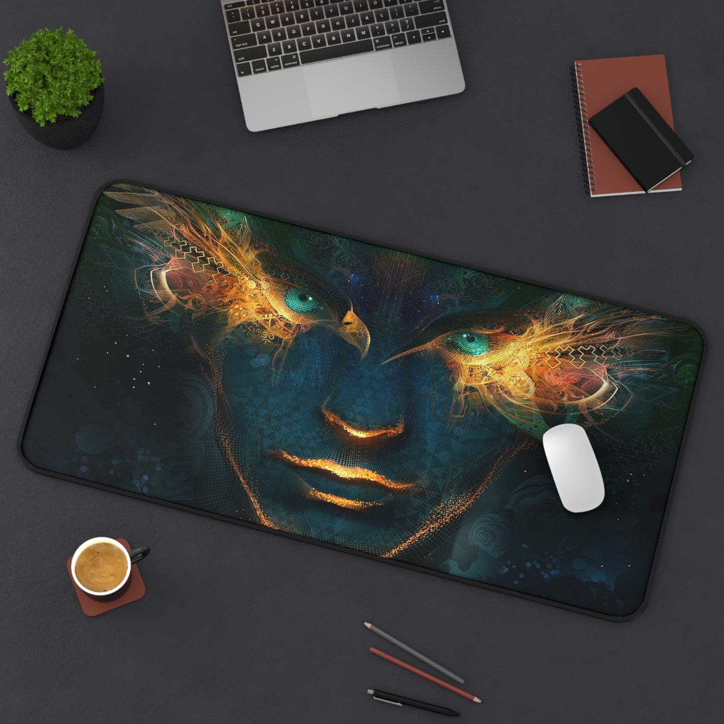 Abstract Green & Orange Bird Eyes Desk Mat – Surreal Bird-Inspired Desk Mat by KlickieKeyz