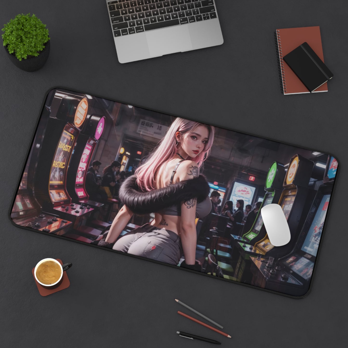Beautiful Anime Girl with Tattoos in Arcade XL Gaming Mouse Pad – Retro Arcade Desk Mat by KlickieKeyz