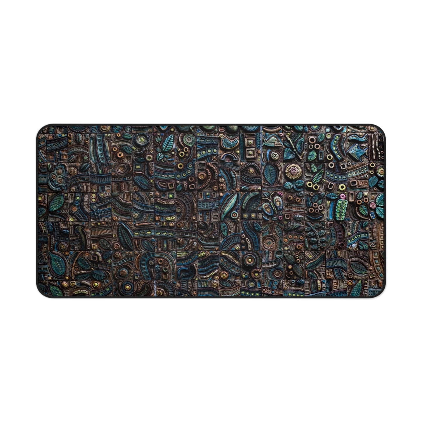 Abstract Green & Gold Aztec Carvings Desk Mat – Ancient Art-Inspired Desk Mat by KlickieKeyz