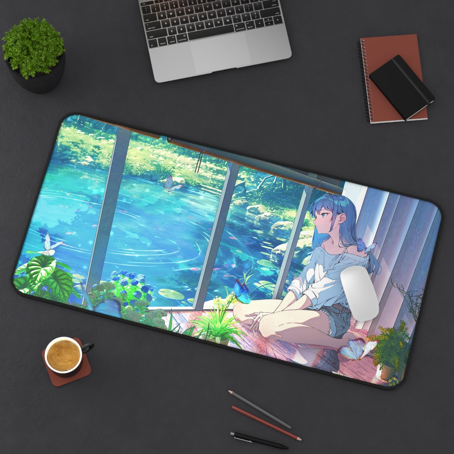 Anime Girl Sitting by the Window Looking at the Water Desk Mat – Serene & Aesthetic XL Gaming Mouse Pad by KlickieKeyz