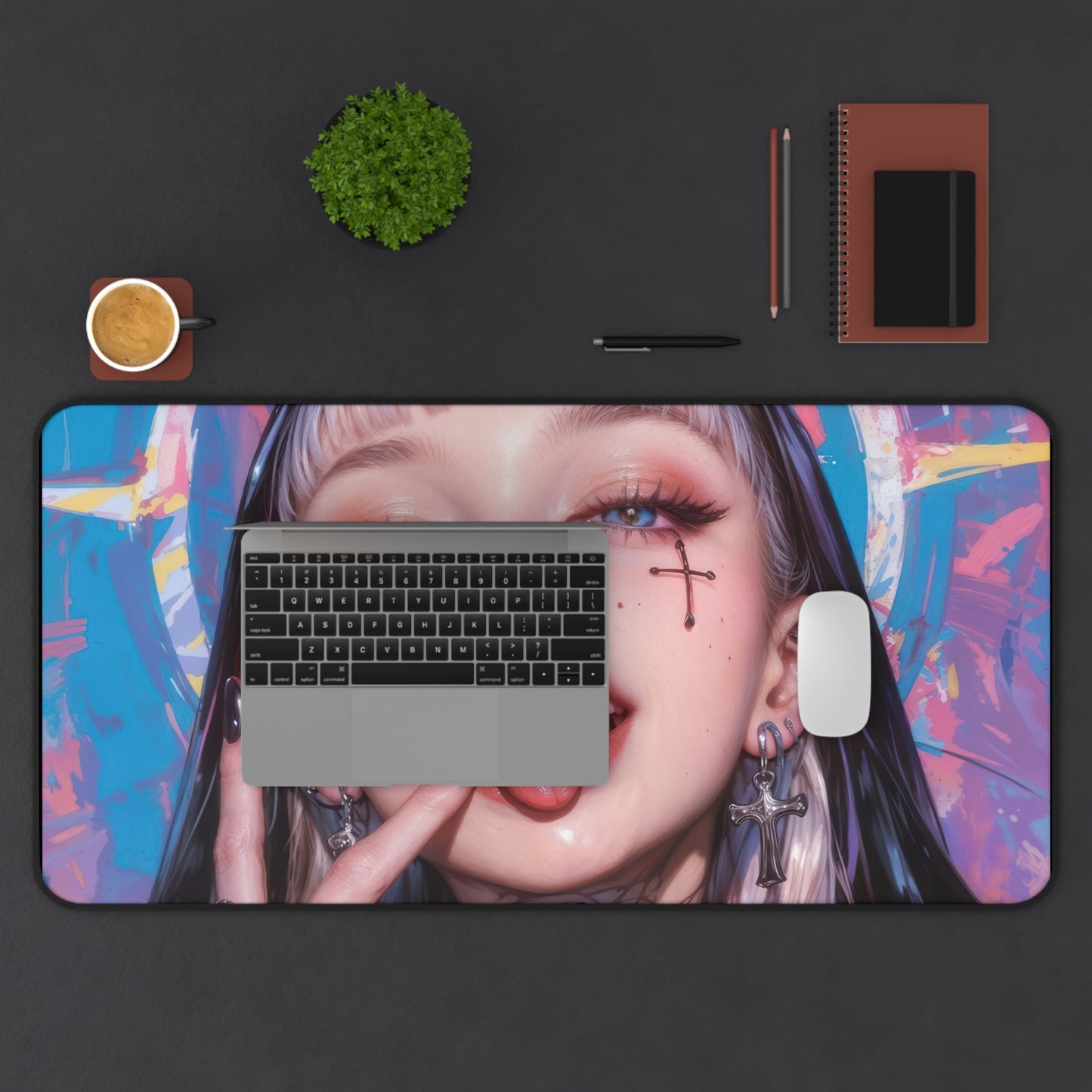 Beautiful Tattooed Anime Girl with Blue & Pink Background XL Gaming Mouse Pad – Artistic Desk Mat by KlickieKeyz