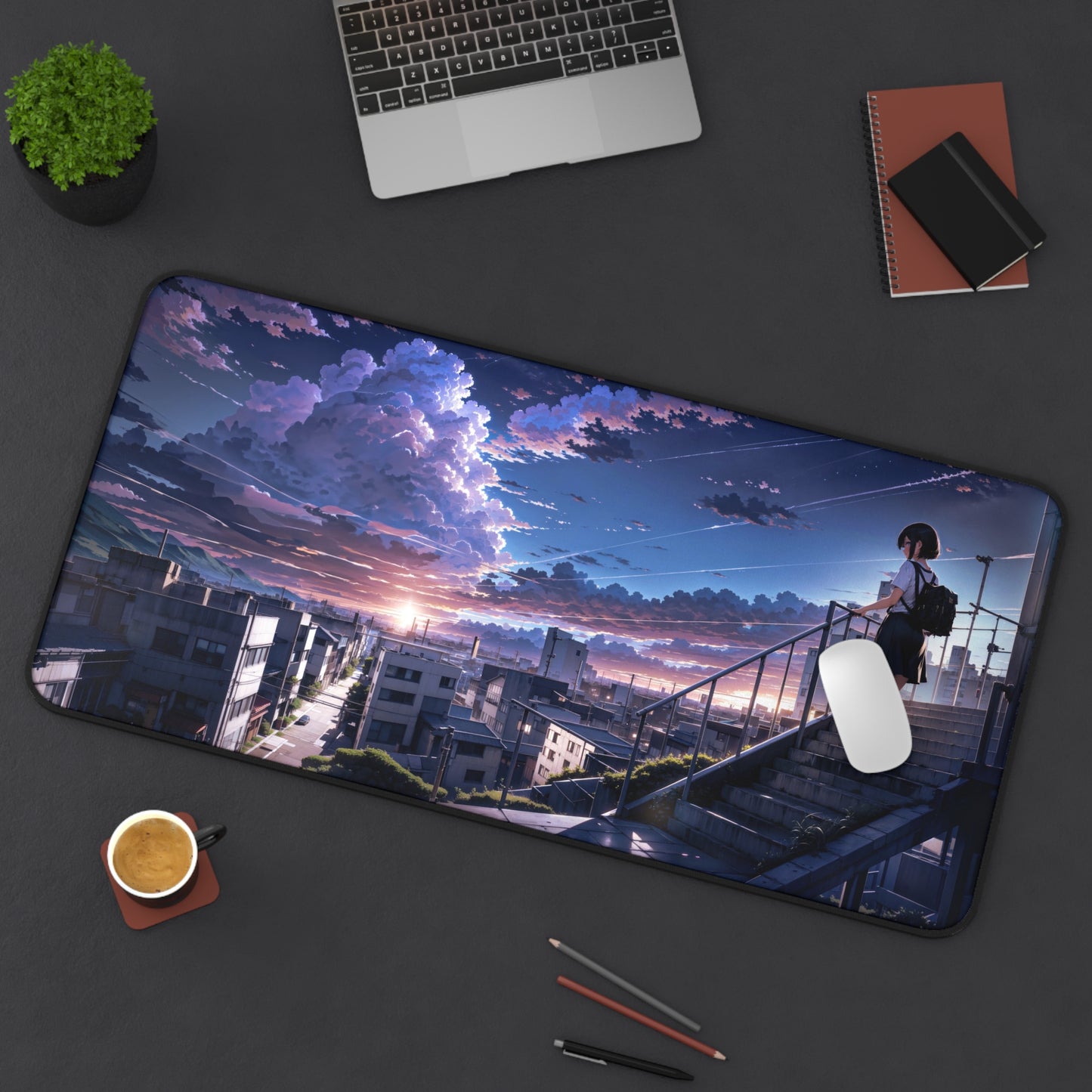 Japanese Anime School Girl with Cityscape Desk Mat – Stunning Beautiful Clouds XL Gaming Mouse Pad by KlickieKeyz