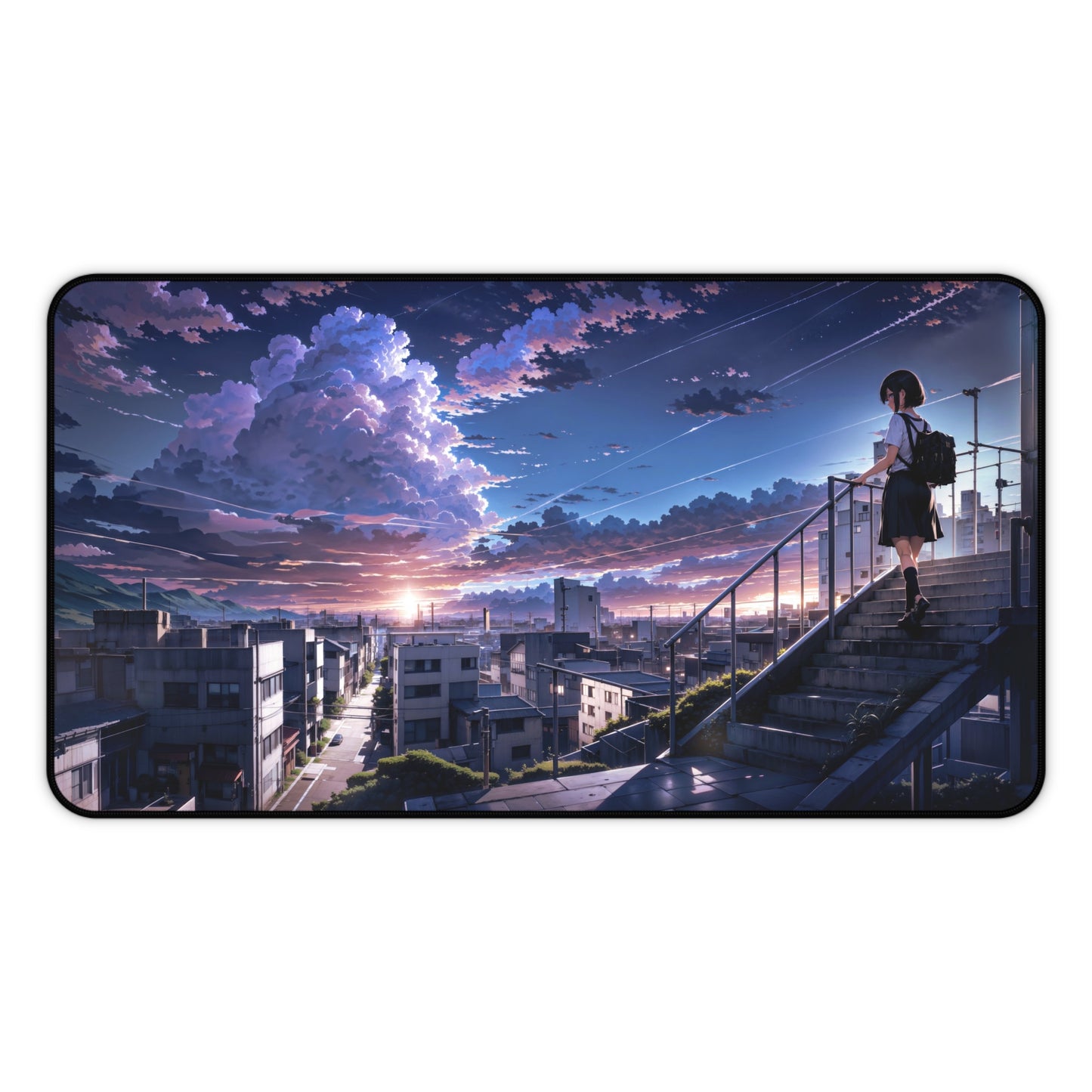 Japanese Anime School Girl with Cityscape Desk Mat – Stunning Beautiful Clouds XL Gaming Mouse Pad by KlickieKeyz