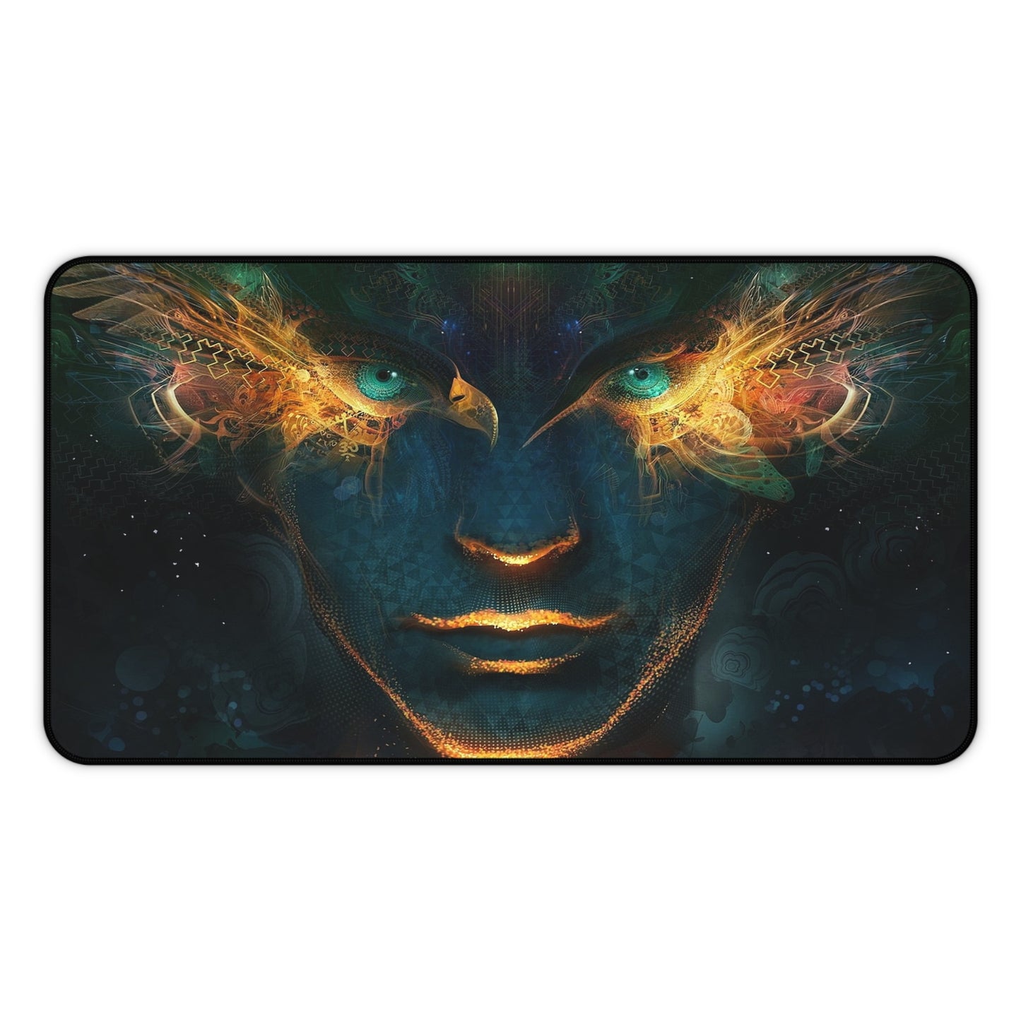 Abstract Green & Orange Bird Eyes Desk Mat – Surreal Bird-Inspired Desk Mat by KlickieKeyz