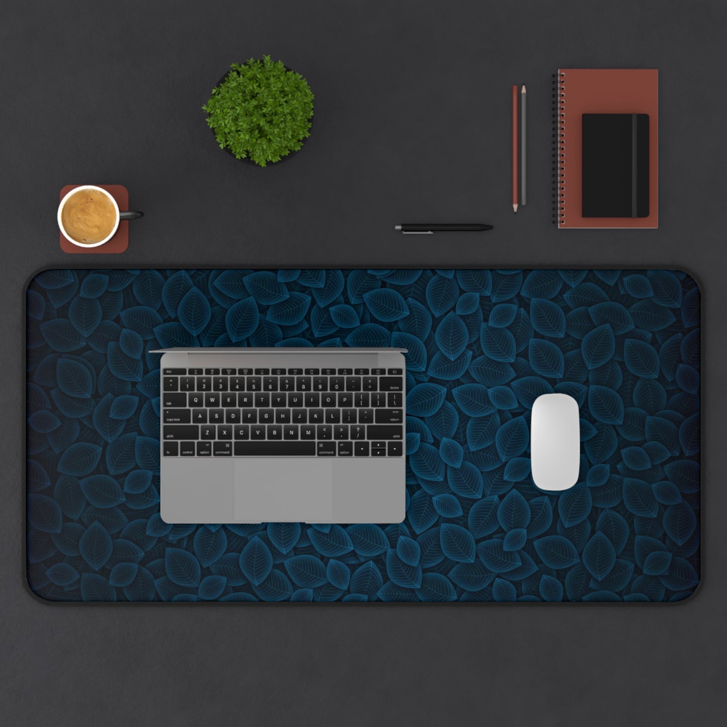 Blue & Black Plant Leaves Desk Mat – Botanical Nature Desk Mat by KlickieKeyz