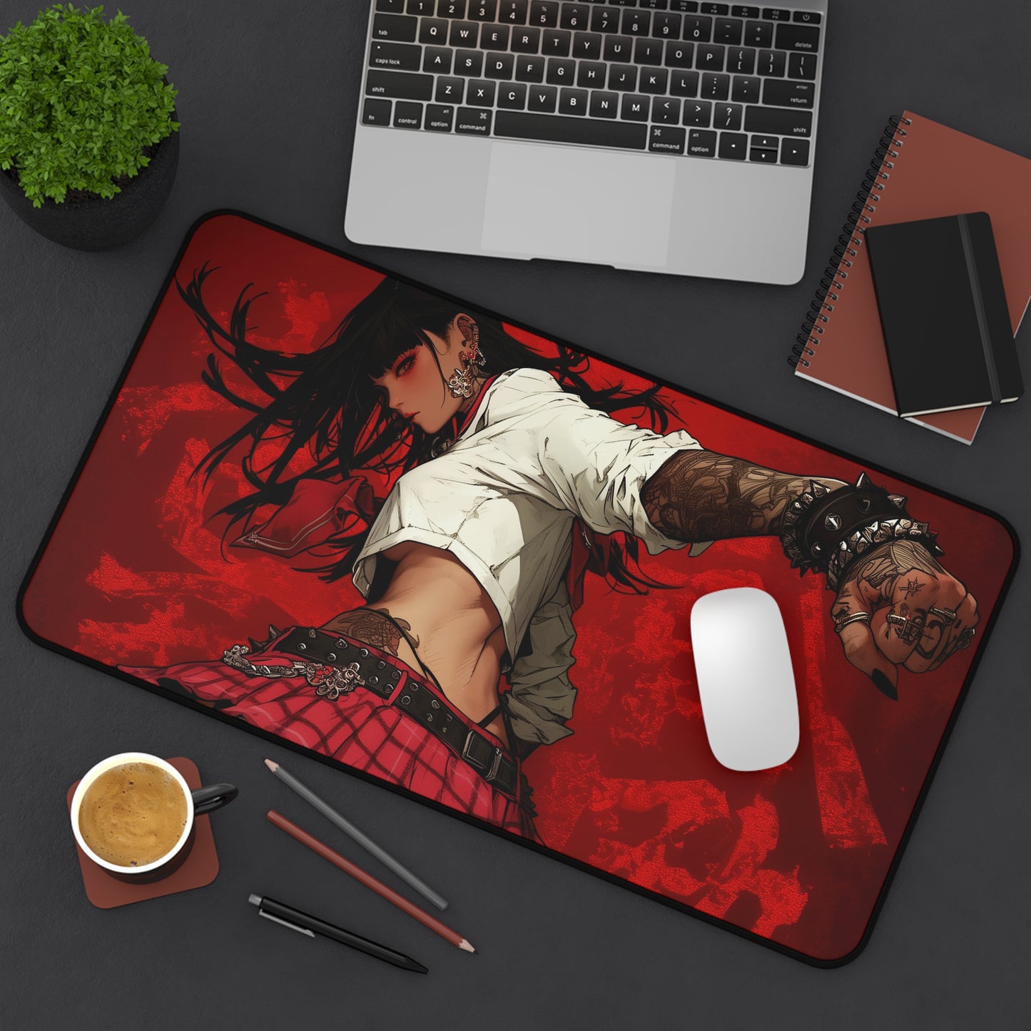 Beautiful Anime Girl with Tattoos on Red Background XL Gaming Mouse Pad – Bold & Edgy Desk Mat by KlickieKeyz