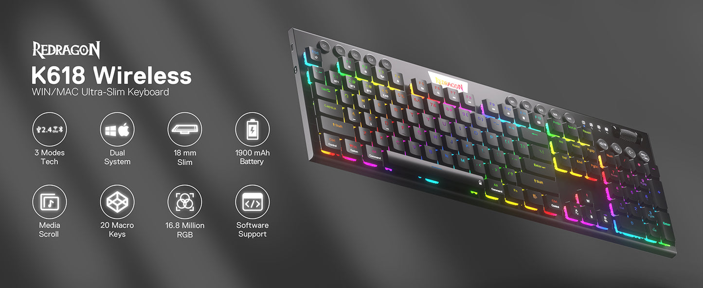 Redragon HORUS K618 Ultra-Slim Wireless Mechanical Keyboard by Redragon | Hosted by KlickieKeyz