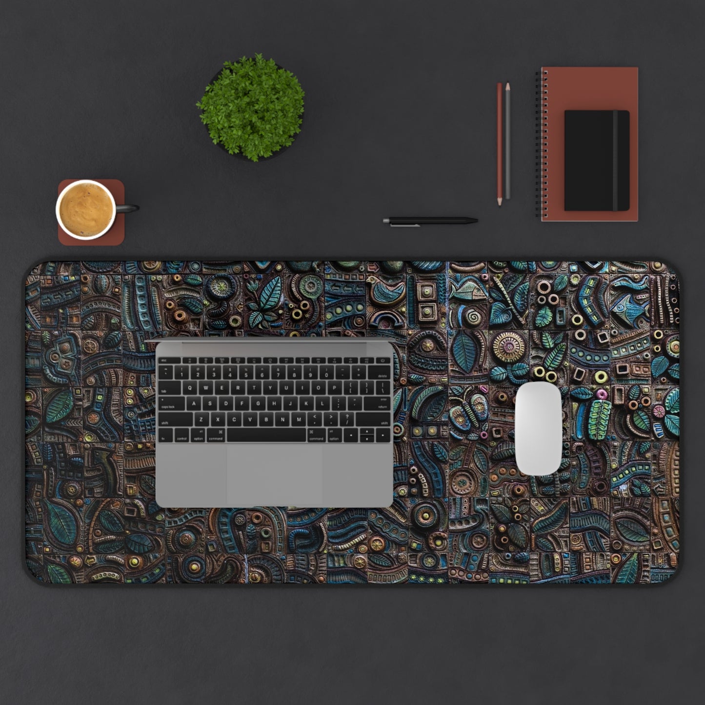 Abstract Green & Gold Aztec Carvings Desk Mat – Ancient Art-Inspired Desk Mat by KlickieKeyz