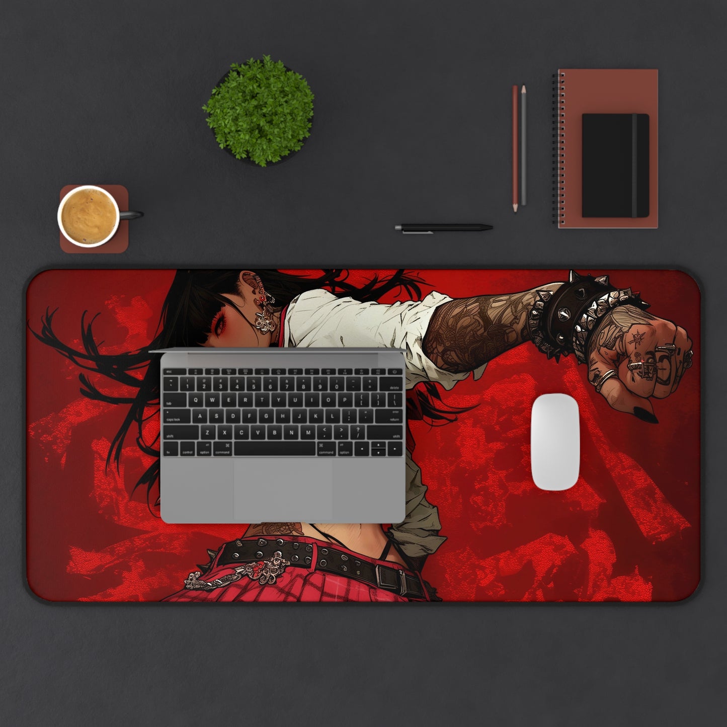 Beautiful Anime Girl with Tattoos on Red Background XL Gaming Mouse Pad – Bold & Edgy Desk Mat by KlickieKeyz
