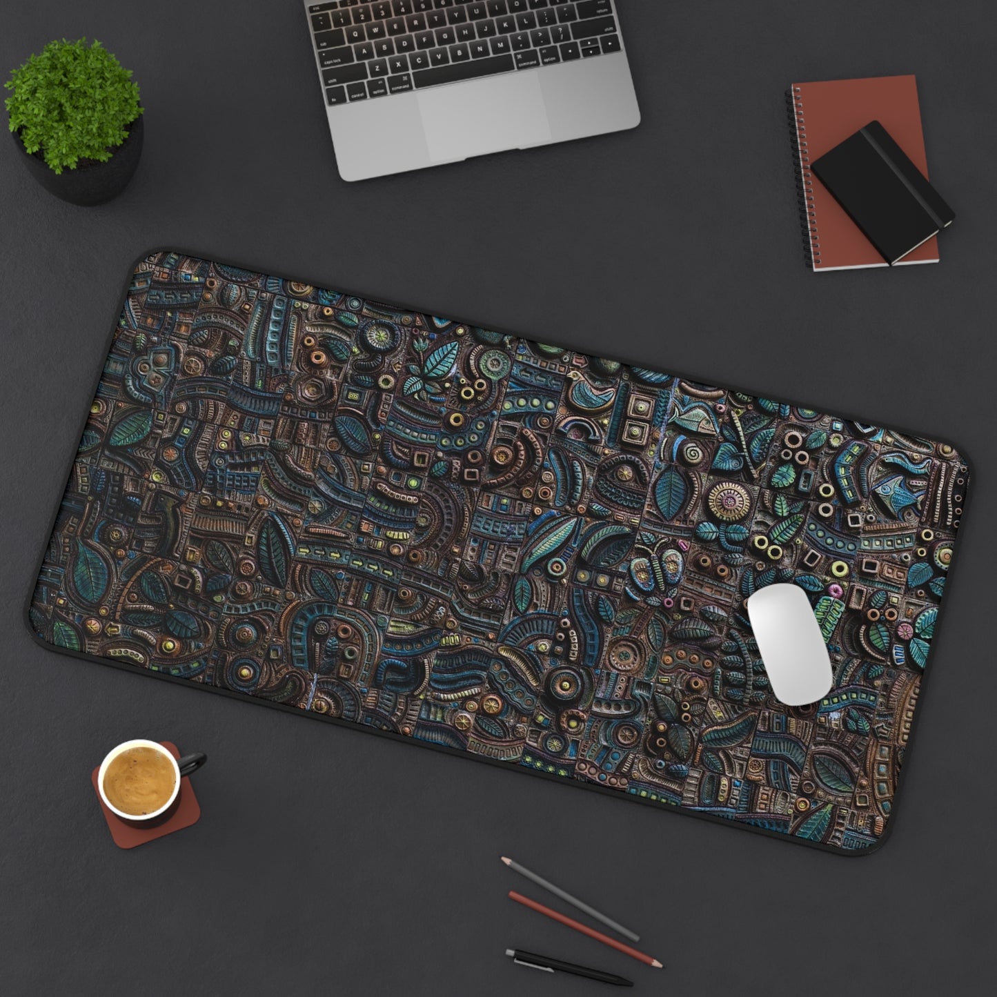Abstract Green & Gold Aztec Carvings Desk Mat – Ancient Art-Inspired Desk Mat by KlickieKeyz