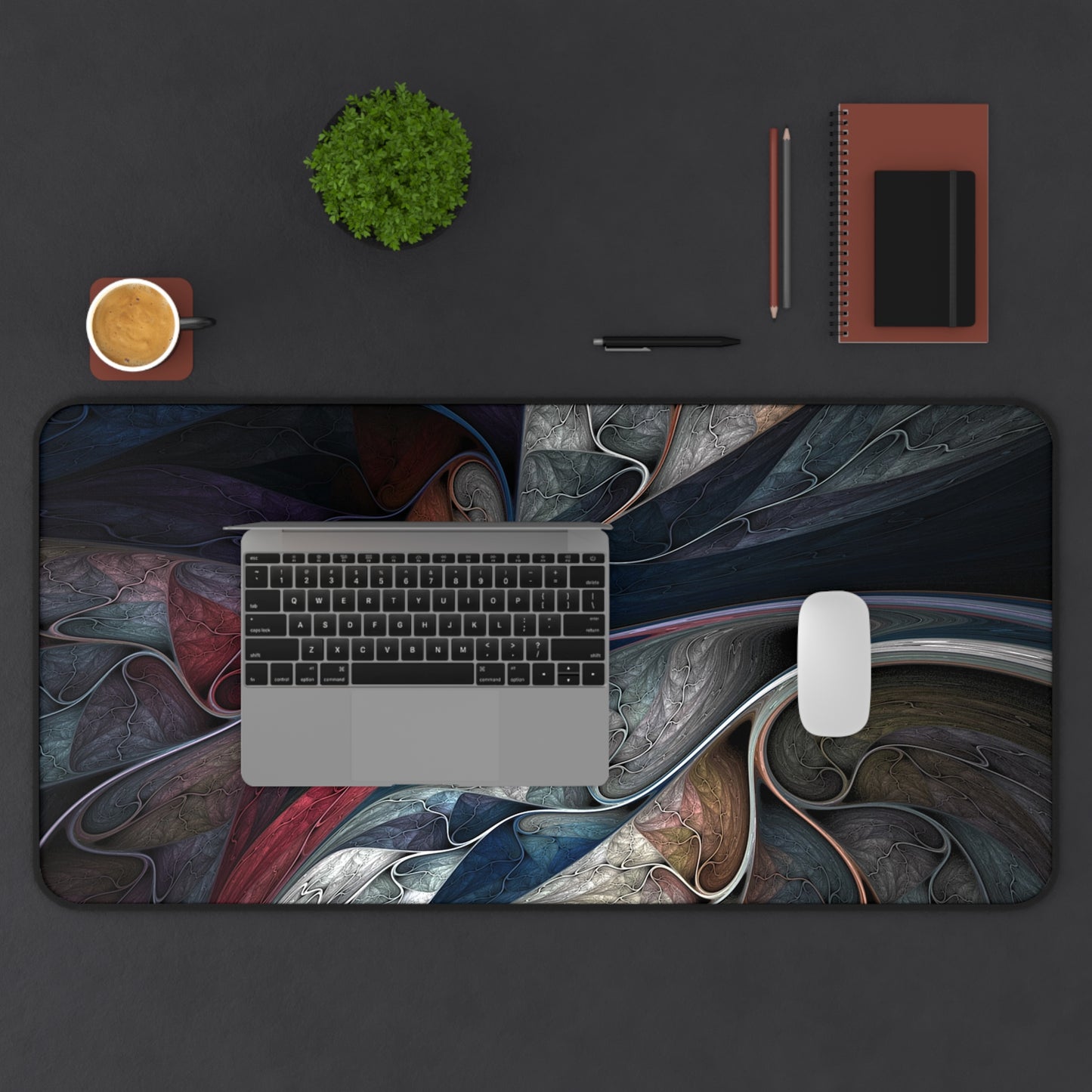 Abstract Red, Blue, White & Green Swirl Desk Mat – Vivid Paint Flow Desk Mat by KlickieKeyz