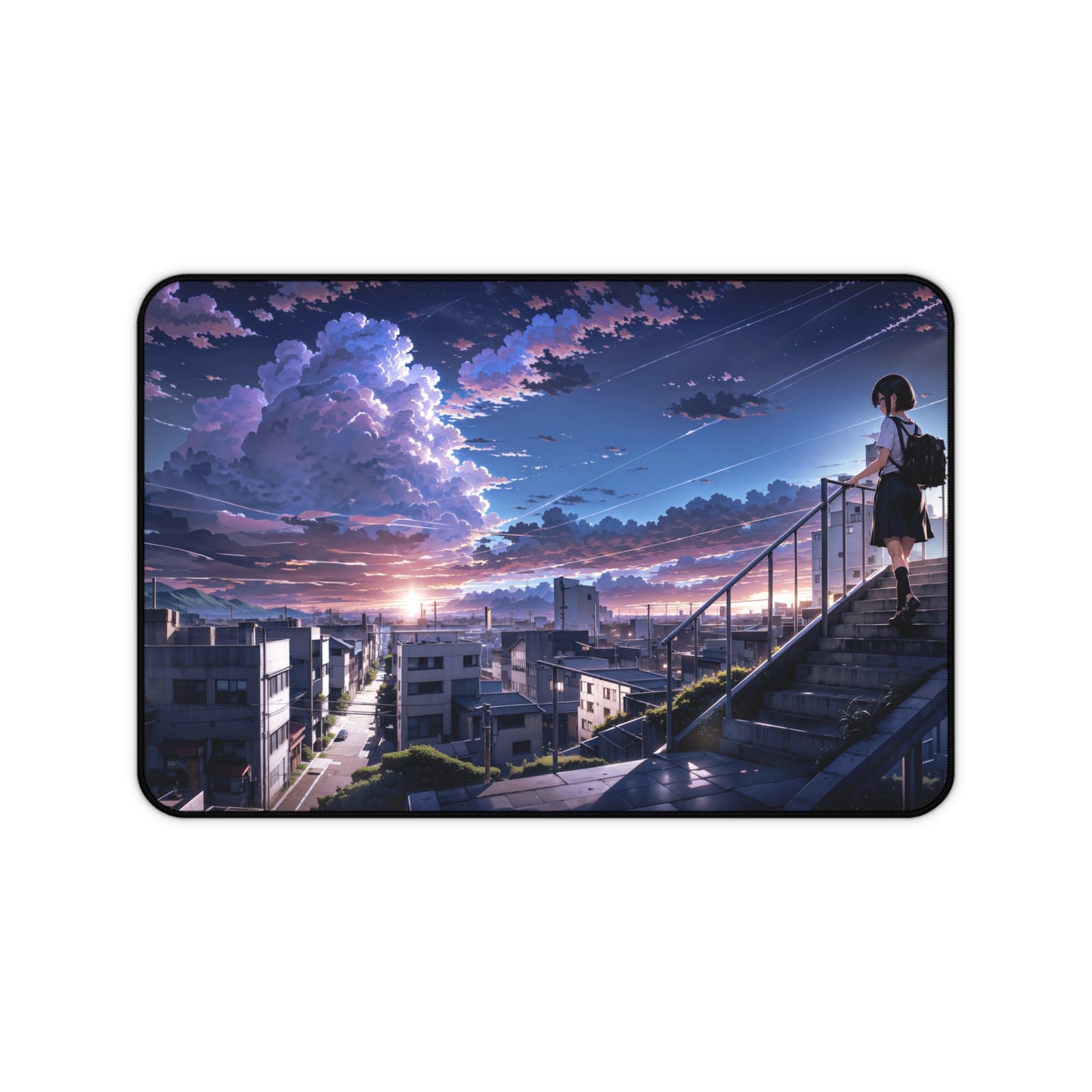 Japanese Anime School Girl with Cityscape Desk Mat – Stunning Beautiful Clouds XL Gaming Mouse Pad by KlickieKeyz