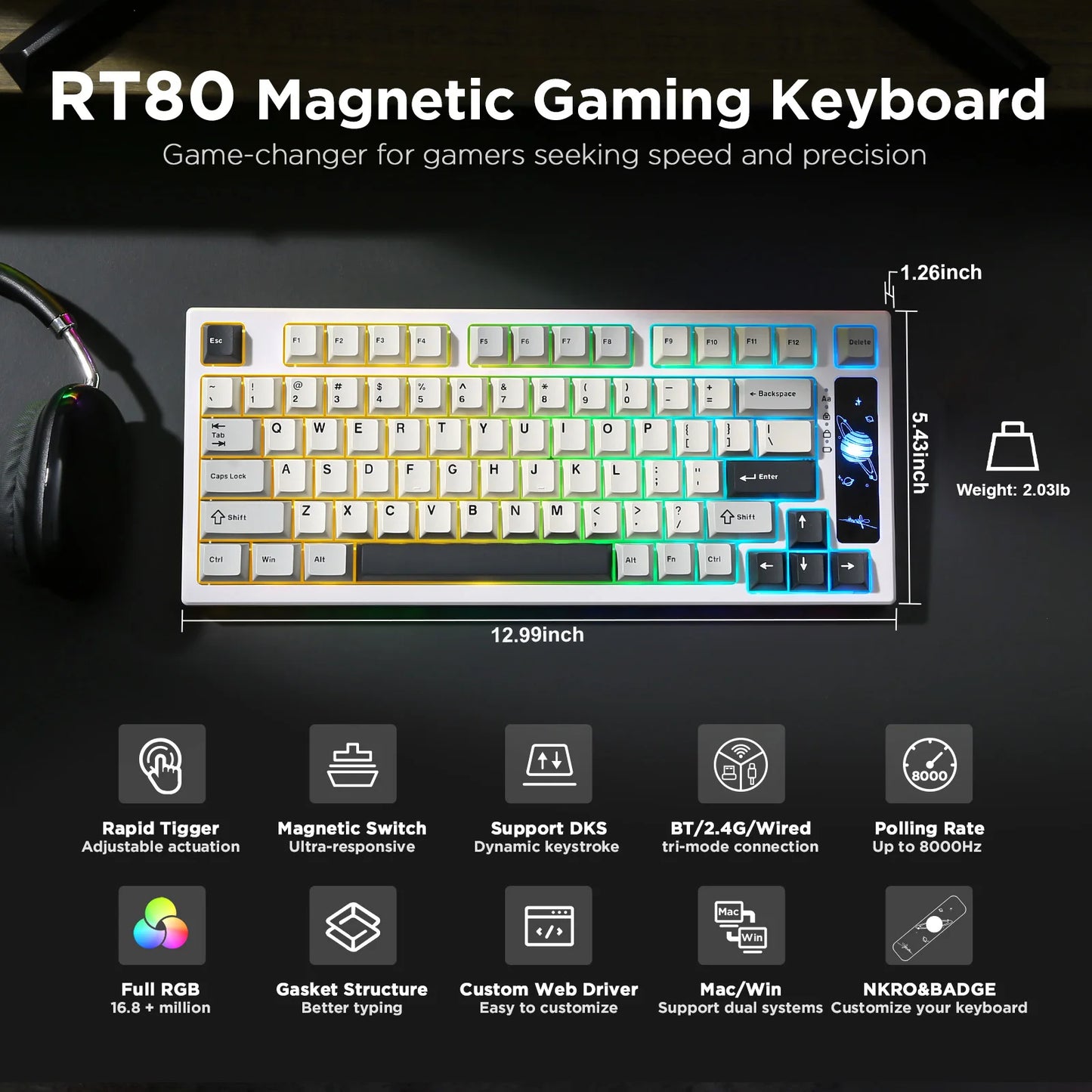 YUNZII RT80 Hall Effect 8K Rapid Trigger Mechanical Gaming Keyboard – 82-Key Wireless Adjustable Actuation Magnetic Hot-Swap Keeb hosted by KlickieKeyz