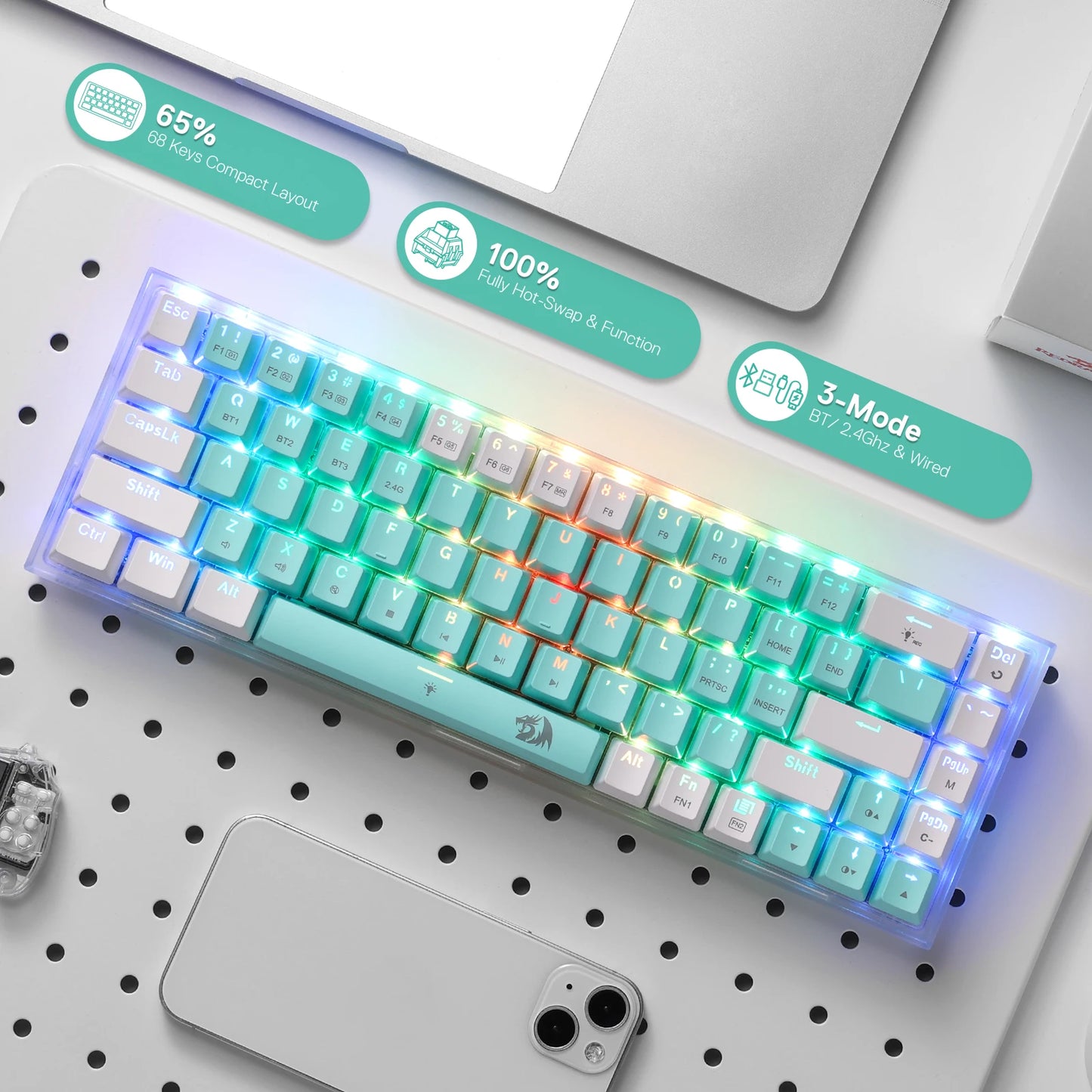 Redragon CASTOR K631 PRO – 65% Mint & White Wireless Keyboard hosted by KlickieKeyz