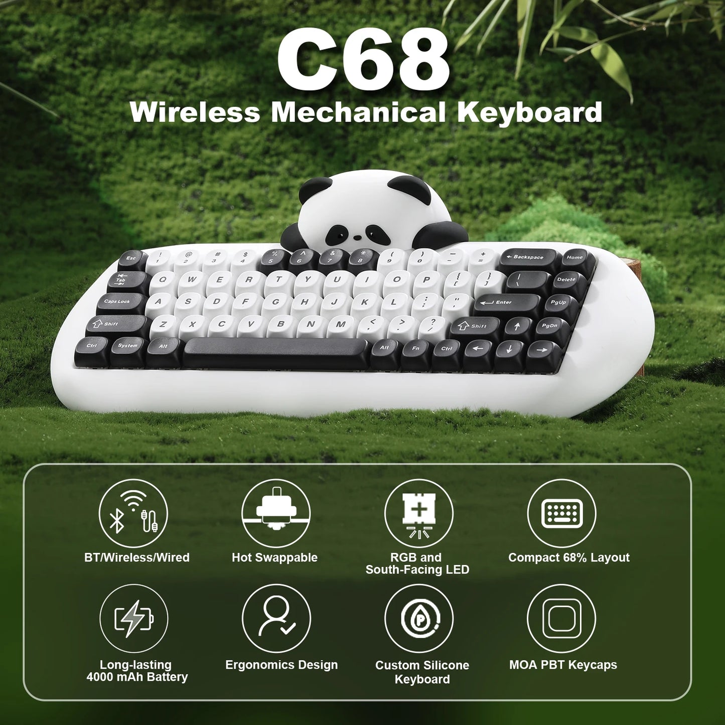 YUNZII C68 Panda Wireless Mechanical Keyboard – 65% Bluetooth Gaming Keyboard with Linear Switches & PBT Keycaps hosted by KlickieKeyz