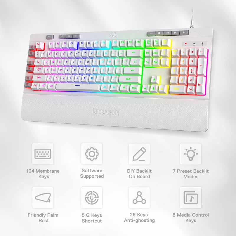 Redragon Shiva K512 RGB Backlit WHITE Membrane or Black Gaming Keyboard by Redragon | Hosted by KlickieKeyz