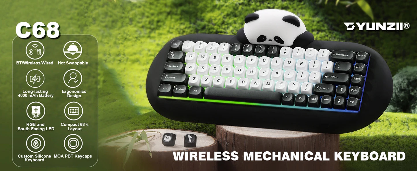 YUNZII C68 Panda Wireless Mechanical Keyboard – 65% Bluetooth Gaming Keyboard with Linear Switches & PBT Keycaps hosted by KlickieKeyz