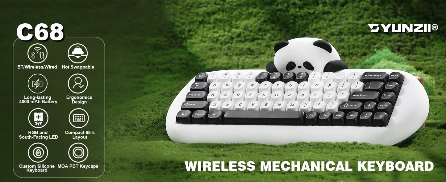 YUNZII C68 Panda Wireless Mechanical Keyboard – 65% Bluetooth Gaming Keyboard with Linear Switches & PBT Keycaps hosted by KlickieKeyz