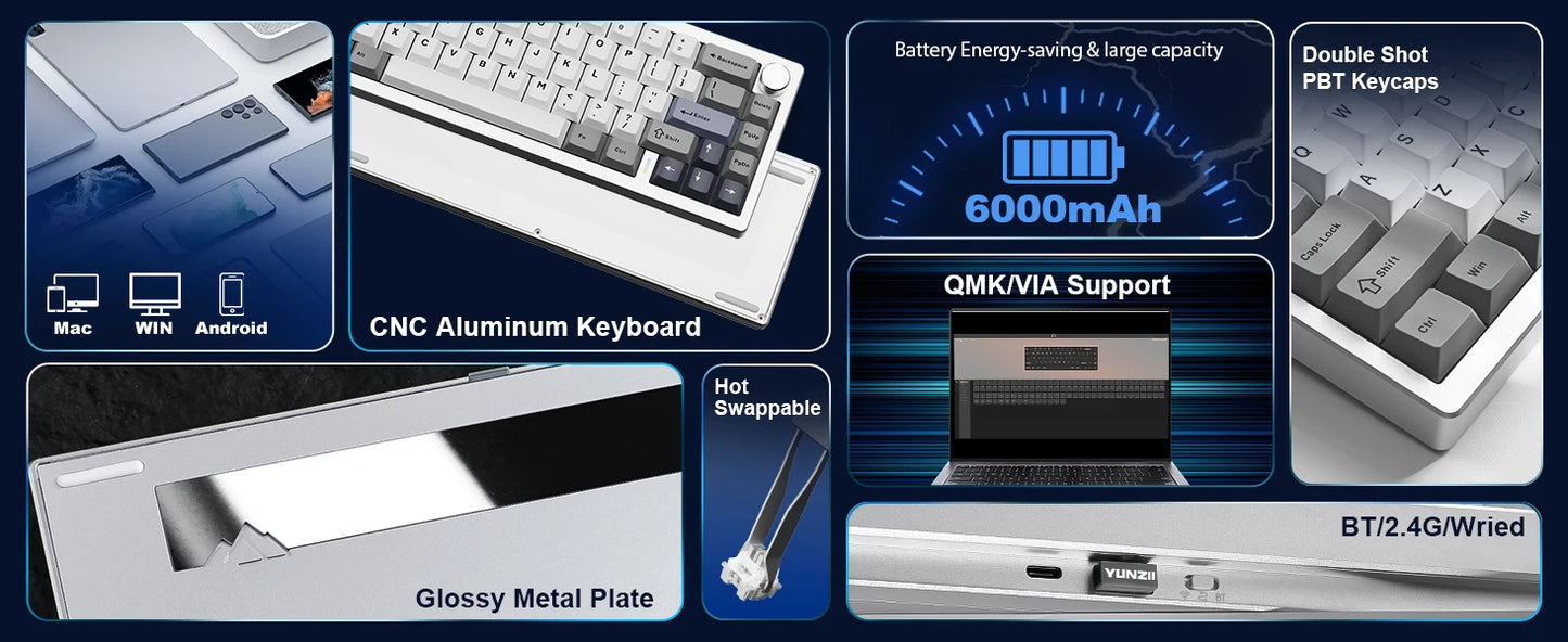 YUNZII AL68 Silver Wireless Custom Mechanical Keyboard – 65% Aluminum Gasket-Mounted Keyboard with Knob hosted by KlickieKeyz